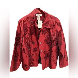 Coldwater Creek Red Ruby Appliqué Floral Embroidered Jacket